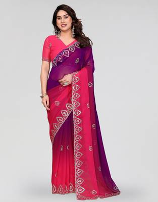 elegant magenta georgette silk embroidery work saree 1