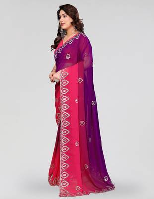 elegant magenta georgette silk embroidery work saree 2