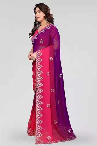 elegant magenta georgette silk embroidery work saree