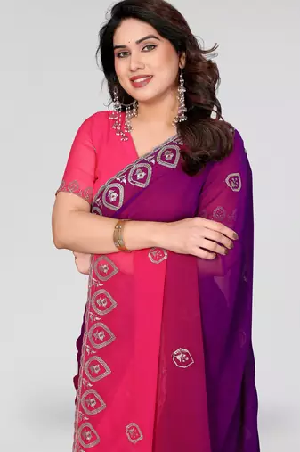 elegant magenta georgette silk embroidery work saree