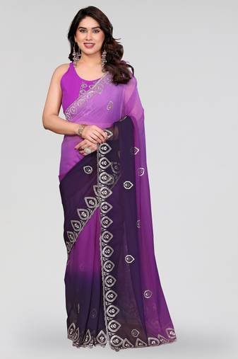 Purple georgette silk pading with embroidery work saree and embroidery work blouse