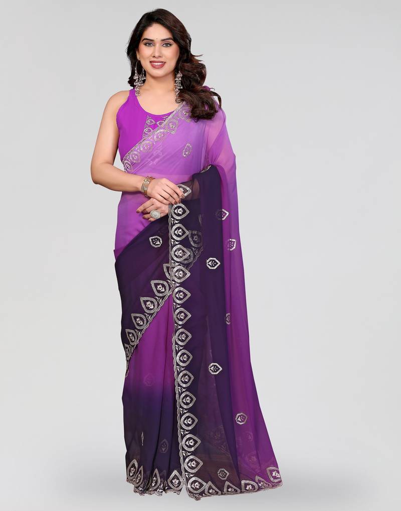 Purple georgette silk pading with embroidery work saree and embroidery work blouse