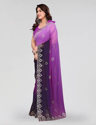 elegant purple color georgette saree with embroidery work 2