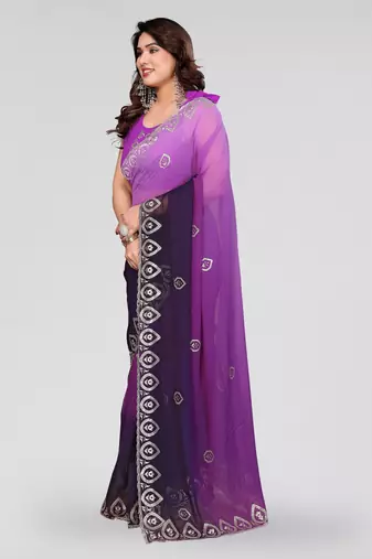 elegant purple color georgette saree with embroidery work