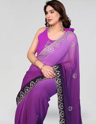 elegant purple color georgette saree with embroidery work 4