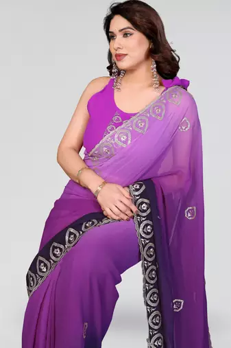 elegant purple color georgette saree with embroidery work