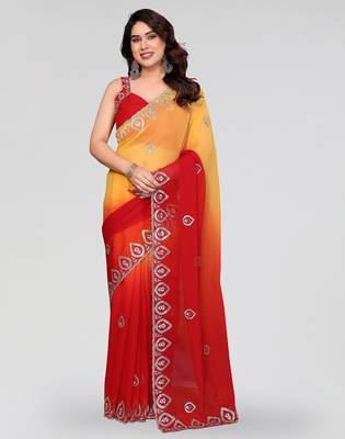 red and yellow georgette saree with embroidery work 1