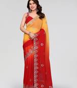 red and yellow georgette saree with embroidery work