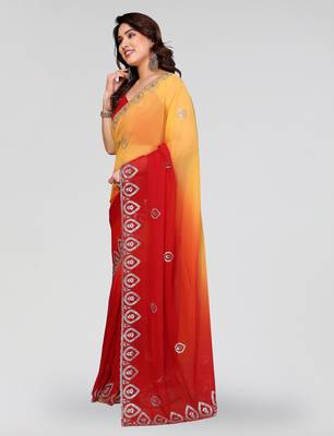 red and yellow georgette saree with embroidery work 2