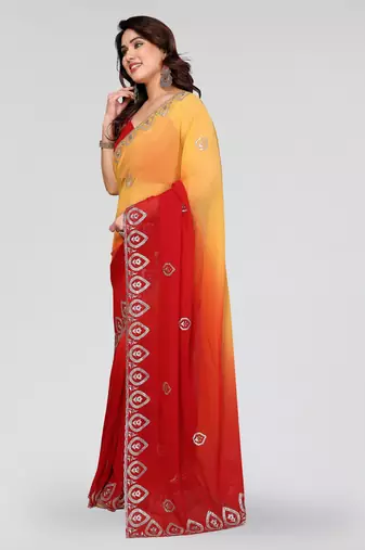 red and yellow georgette saree with embroidery work