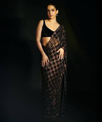black brown sequins square box embroidery work georgette saree 1