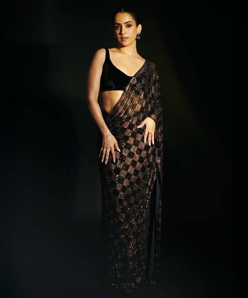 Black And Brown Color Sequins Square Box Embroidery Work Georgette Saree