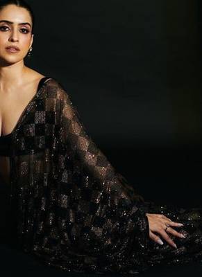 black brown sequins square box embroidery work georgette saree 2