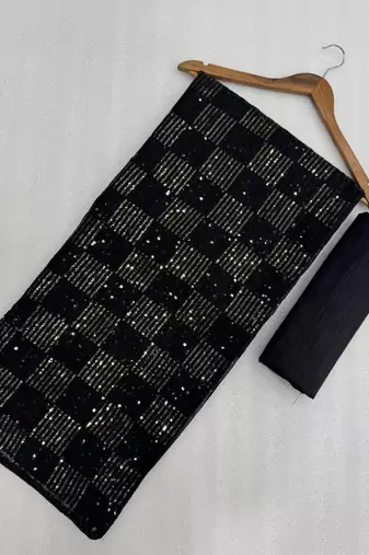 black brown sequins square box embroidery work georgette saree