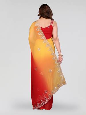 red and yellow georgette saree with embroidery work 3