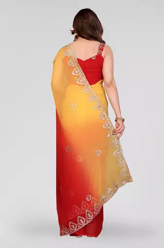 red and yellow georgette saree with embroidery work