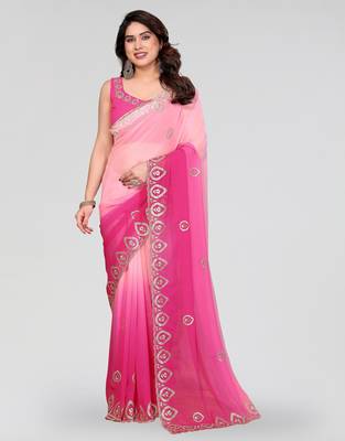 beautiful rose pink georgette saree with embroidery work 1