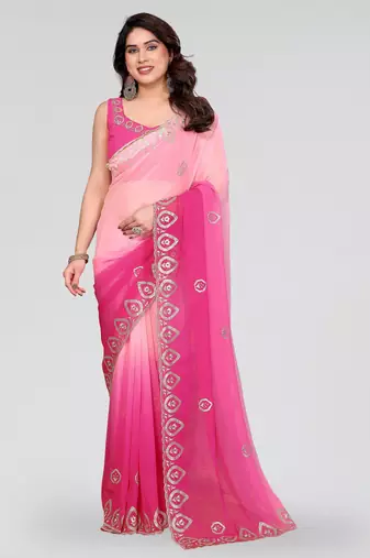Rose pink georgette silk pading with embroidery work saree and embroidery work blouse