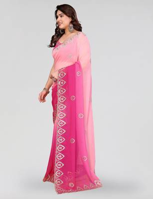 beautiful rose pink georgette saree with embroidery work 2