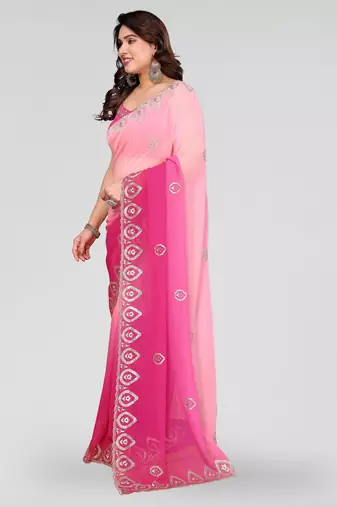beautiful rose pink georgette saree with embroidery work