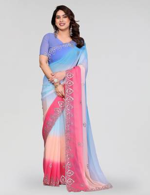sky blue and pink georgette saree with embroidery work 1