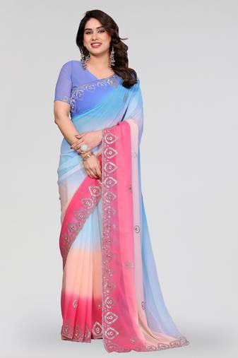 sky blue and pink georgette saree with embroidery work