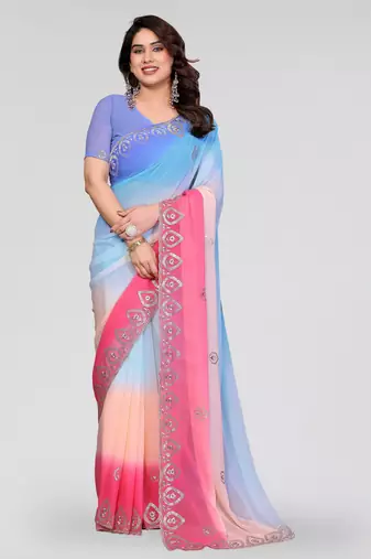 sky blue and pink georgette saree with embroidery work