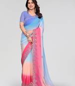 sky blue and pink georgette saree with embroidery work