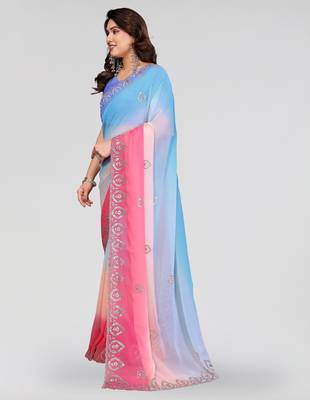 sky blue and pink georgette saree with embroidery work 2