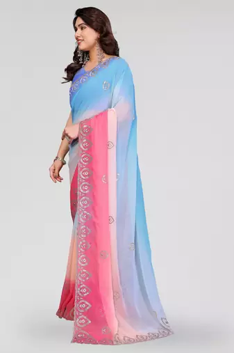 sky blue and pink georgette saree with embroidery work
