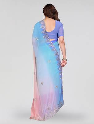 sky blue and pink georgette saree with embroidery work 3