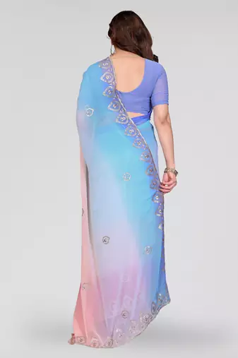 sky blue and pink georgette saree with embroidery work
