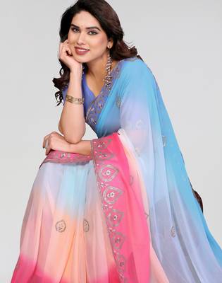 sky blue and pink georgette saree with embroidery work 4