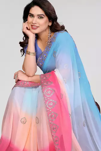 sky blue and pink georgette saree with embroidery work