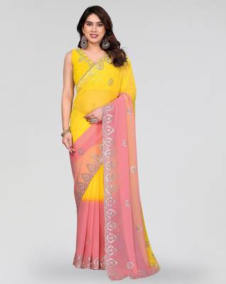 yellow and peach georgette saree with embroidery work 1