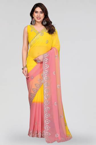 yellow and peach georgette saree with embroidery work