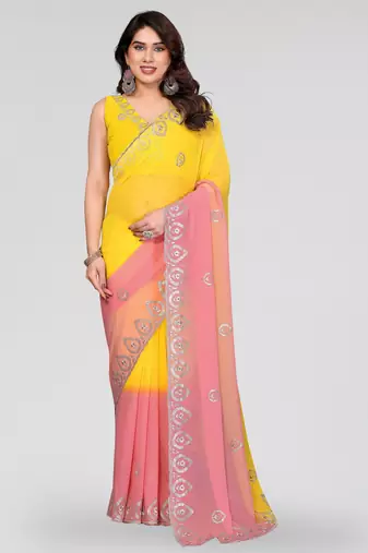 Yellow peach georgette silk pading with embroidery work saree and embroidery work blouse
