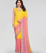 yellow and peach georgette saree with embroidery work