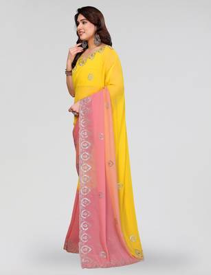 yellow and peach georgette saree with embroidery work 2