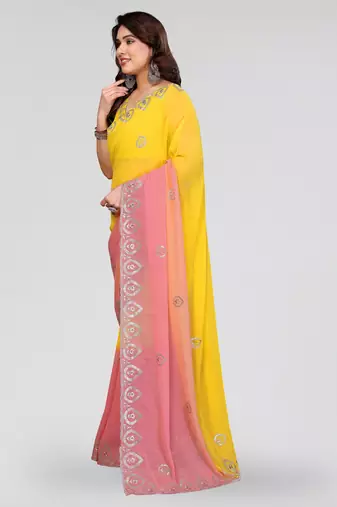yellow and peach georgette saree with embroidery work