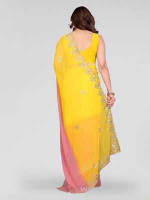 yellow and peach georgette saree with embroidery work 3