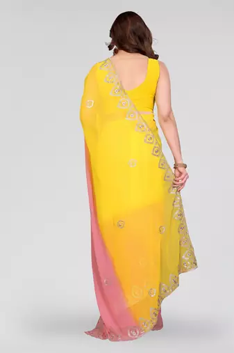 yellow and peach georgette saree with embroidery work