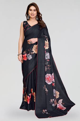 Black manipuri silk kalamkari digital print saree with arka work border