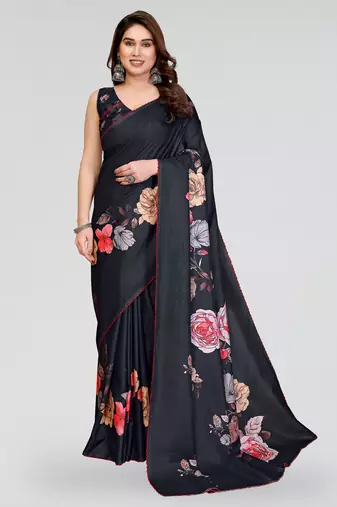 Black manipuri silk kalamkari digital print saree with arka work border