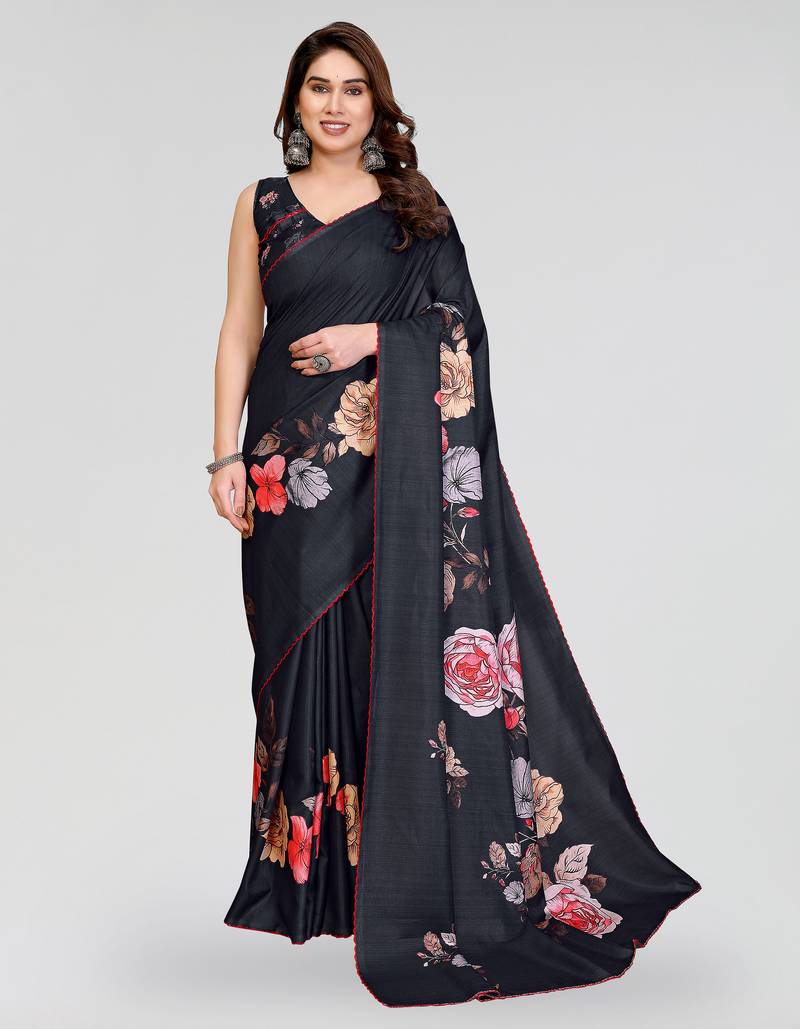 Black manipuri silk kalamkari digital print saree with arka work border