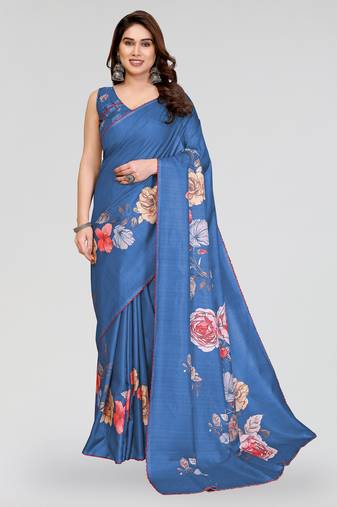 blue kalamkari digital print manipuri silk saree with arka border