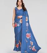 blue kalamkari digital print manipuri silk saree with arka border