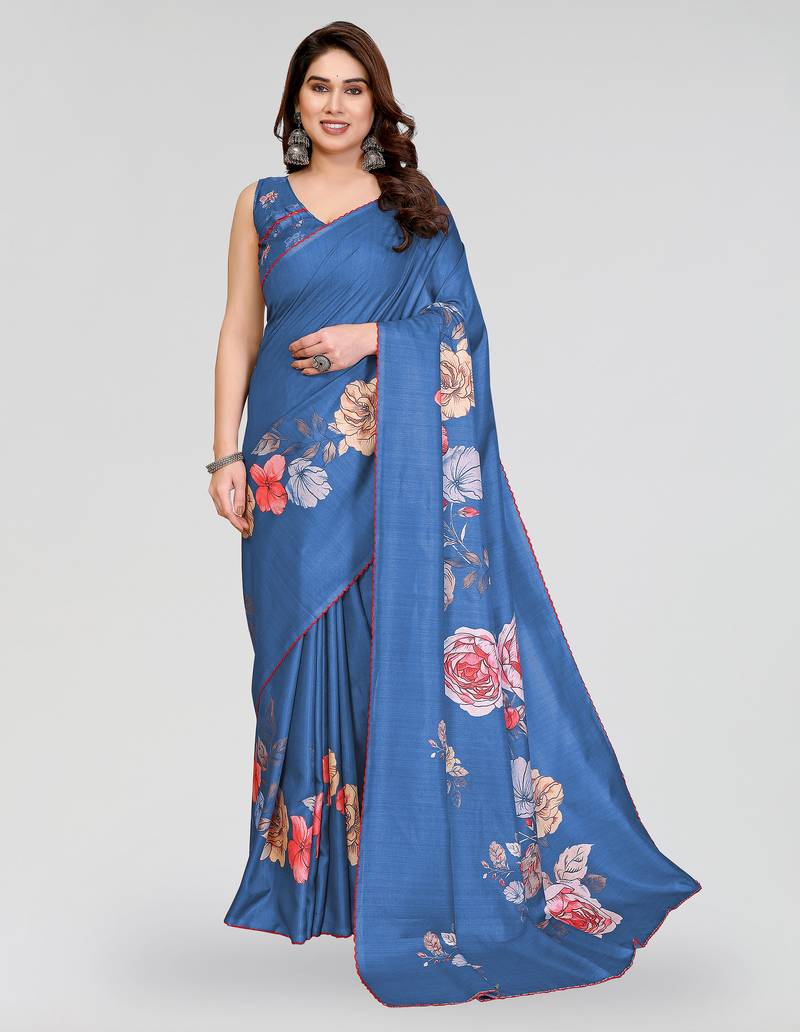 Blue manipuri silk kalamkari digital print saree with arka work border