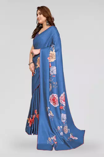 blue kalamkari digital print manipuri silk saree with arka border