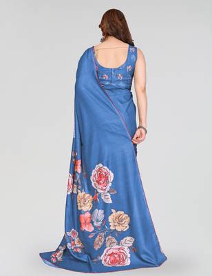 blue kalamkari digital print manipuri silk saree with arka border 3